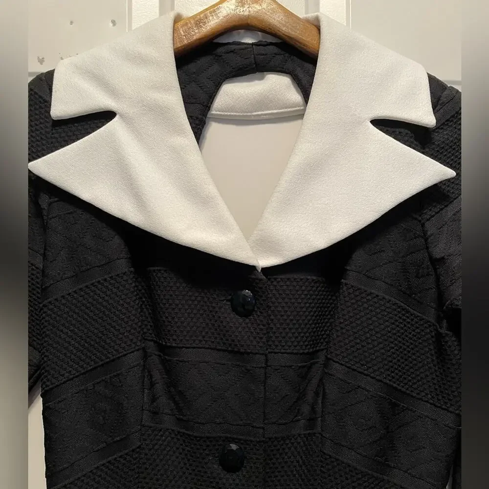 70s Black with White Cuffs & Collar Maxi Dress Medium Tall - Picture 2 of 8